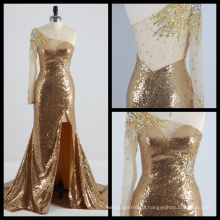 One Shoulder Long Sleeve Gold Sequins Evening Dress See Through Back High Split Evening Gown